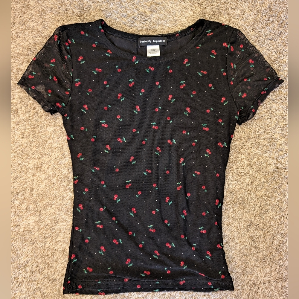 Y2K Black Cherry Print Mesh Baby Tee Women's Top Size‎ L